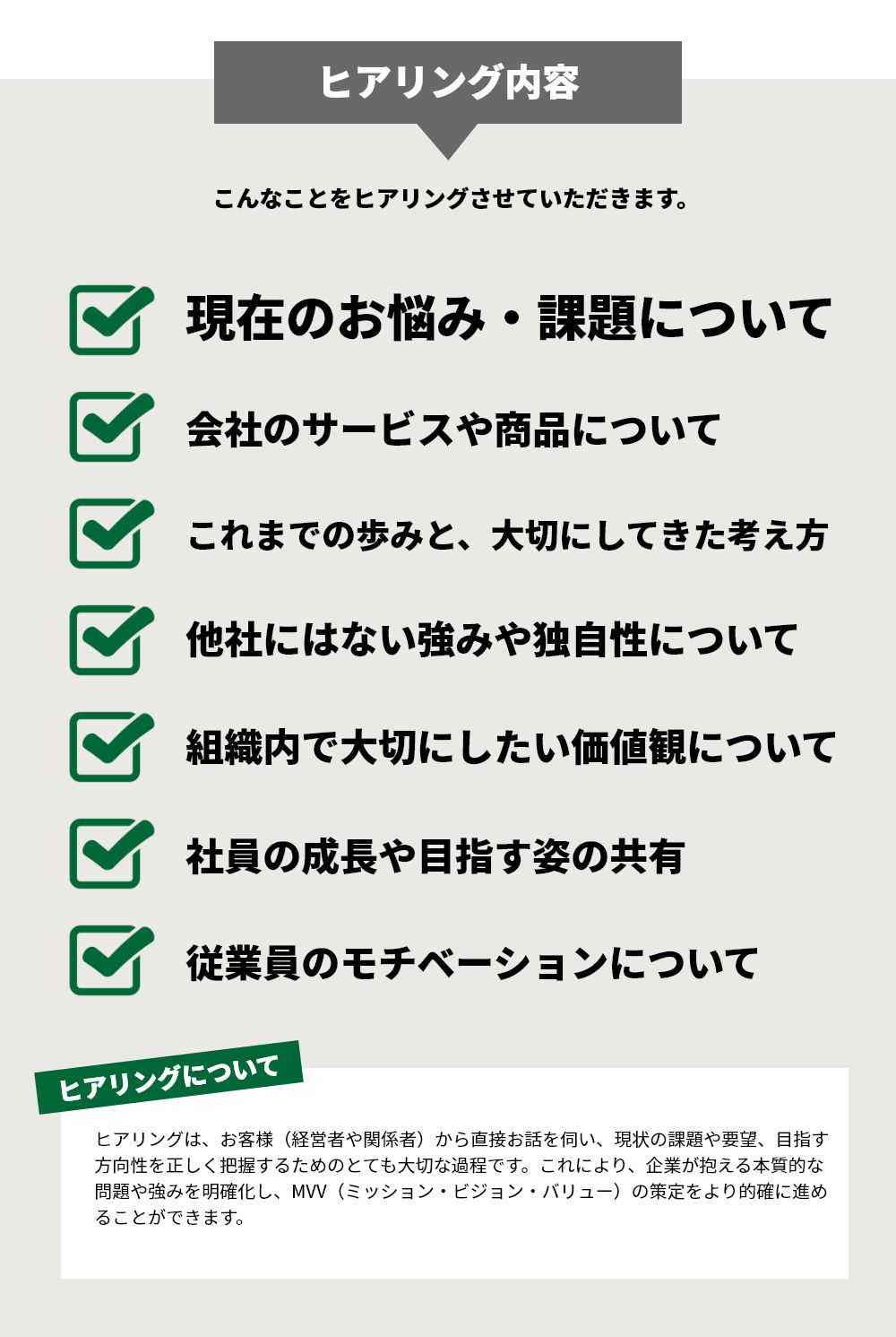 【ヒアリング内容】こんなことをヒアリングさせていただきます。・現在のお悩み・会社のサービスや商品について・これまでの歩みと、大切にしてきた考え方・他者にはない強みや独自性について・組織内で大切にしたい価値観について・社員のモチベーションについて【ヒアリングについて】ヒアリングは、お客様（経営者や関係者）から直接お話を伺い、現状の課題や要望、目指す方向性を正しく把握するためのとても大切な過程です。これにより、企業が抱える本質的な
問題や強みを明確化し、MVV（ミッション・ビジョン・バリュー）の策定をより的確に進めることができます。