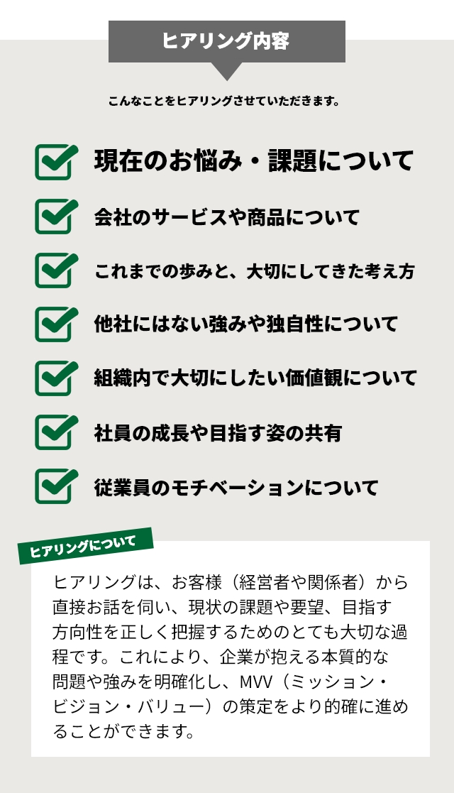 【ヒアリング内容】こんなことをヒアリングさせていただきます。・現在のお悩み・会社のサービスや商品について・これまでの歩みと、大切にしてきた考え方・他者にはない強みや独自性について・組織内で大切にしたい価値観について・社員のモチベーションについて【ヒアリングについて】ヒアリングは、お客様（経営者や関係者）から直接お話を伺い、現状の課題や要望、目指す方向性を正しく把握するためのとても大切な過程です。これにより、企業が抱える本質的な
問題や強みを明確化し、MVV（ミッション・ビジョン・バリュー）の策定をより的確に進めることができます。