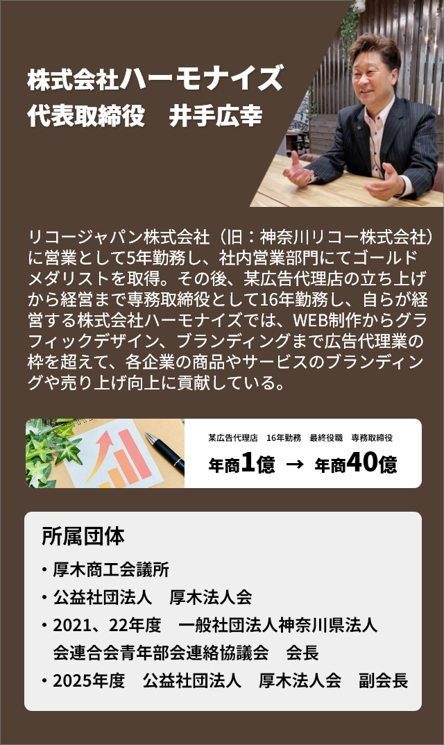 株式会社ハーモナイズ　代表取締役　井手広幸　リコージャパン株式会社（旧：神奈川リコー株式会社）に営業として5年勤務し、社内営業部門にてゴールドメダリストを取得。その後、某広告代理店の立ち上げから経営まで専務取締役として16年勤務し、自らが経営する株式会社ハーモナイズでは、WEB制作からグラフィックデザイン、ブランディングまで広告代理業の枠を超えて、各企業の商品やサービスのブランディングや売り上げ向上に貢献している。某広告代理店　16年勤務　最終役職　専務取締役　年商1億→年商40億　所属団体・厚木商工会議所・公益社団法人　厚木法人会・2021、22年度　一般社団法人神奈川県法人会連合会青年部会連絡協議会　会長・2025年度　公益社団法人　厚木法人会　副会長
